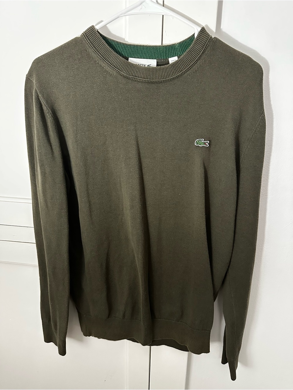 Lacoste Men's Olive Green Crewneck Sweater with Crocodile Patch
